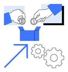 Hands holding Bitcoin and Dollar coins above open box, arrow pointing upward, two gear icons. Ideal for finance, investment, cryptocurrency, economic growth, savings, business strategy innovation