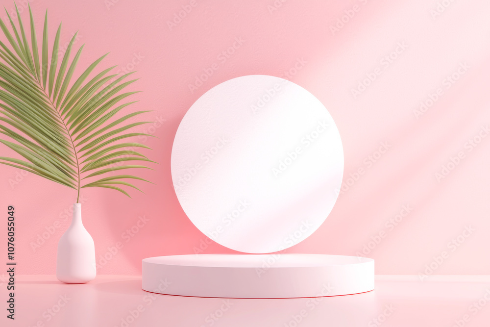 Poster minimalist display with a round mirror and palm leaf on a pink backdrop.