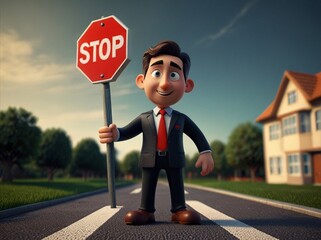 3d cartoon man with red stop sign. serious face, on the street on the sky background.