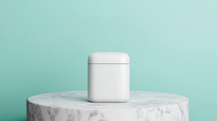 Minimalist white container on a marble table against a light green wall.