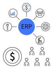 Central blue ERP circle connected to icons for finance, human resources, manufacturing, analytics, and tools. Additional icons show dollar symbol and workforce. Ideal for business integration