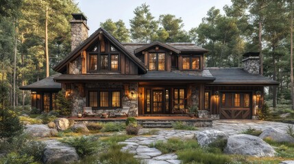 Cozy mountain cabin surrounded by trees and natural landscaping.