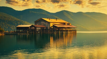 Fototapeta premium Calm Evening at Lake with Reflective Surface and Mountains