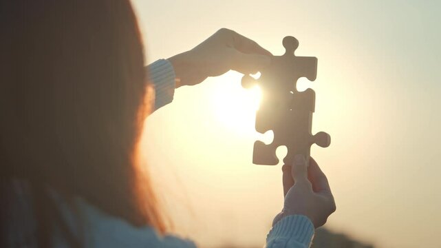 Closeup hands of woman connecting jigsaw puzzle with sunlight effect, Jigsaw alone wooden puzzle against sunset, Business solutions, Success and strategy concept