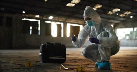 Person, swab and investigation at crime scene, blood sample and discovery of dna marker....