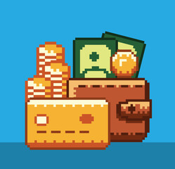 Abstract pixel art wallet with banknotes and coins. Retro 8bit game icon of money and wallet illustration.