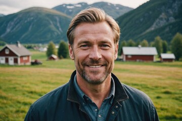 Close portrait of a smiling 40s Norwegian male farmer standing and looking at the camera, outdoors Norwegian rural blurred background