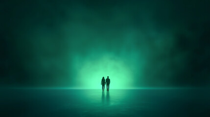 Fototapeta premium Silhouetted figures in a mysterious green light, symbolizing introspection and tranquility.