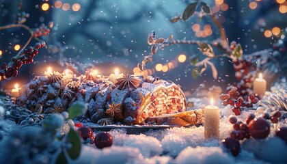 A Christmas Yule Log cake decorated with star anise, cinnamon sticks, and powdered sugar, surrounded by candles, berries, and snow.