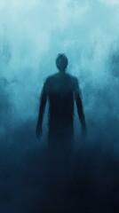 Fototapeta premium A shadowy figure emerges from dense fog, creating a mysterious and eerie atmosphere.