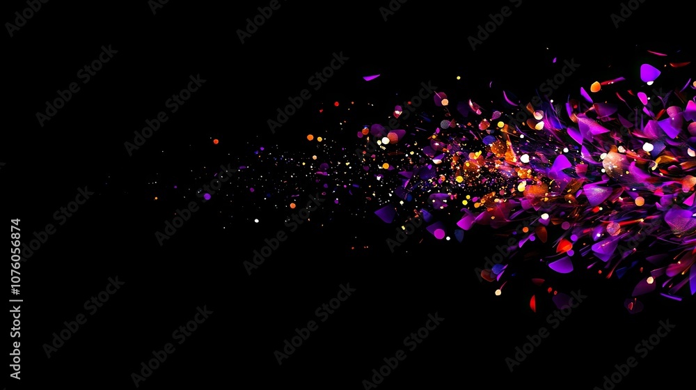 Poster vibrant abstract explosion of colorful particles and shapes against a black background creating a dy