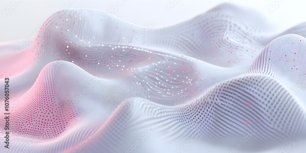 Poster fluid data landscape: abstract 3d rendering of flowing, interconnected data points forming a dynamic