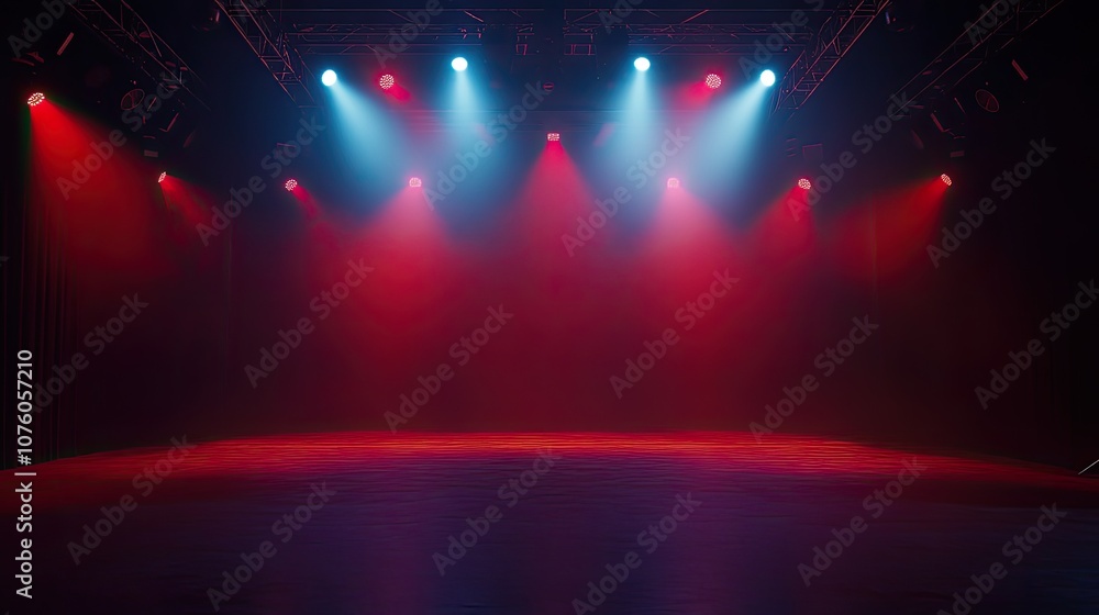 Poster dramatic stage lighting with red and blue illumination creating an atmospheric background for perfor