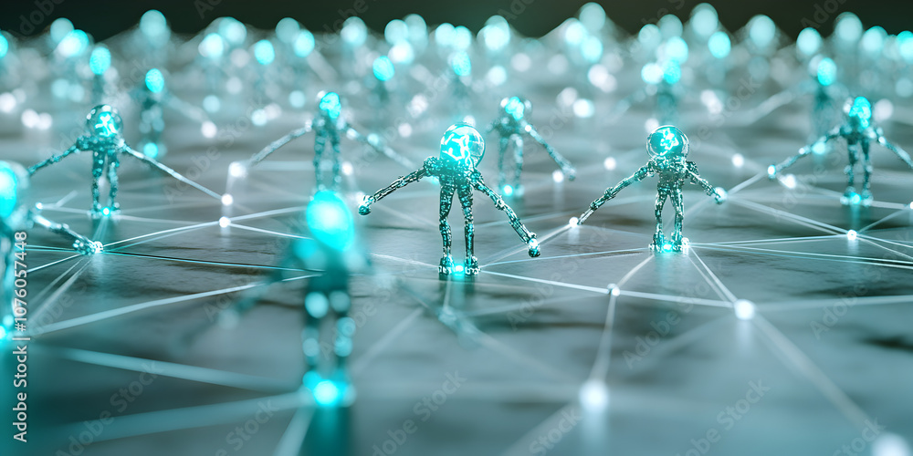 Poster connected - a futuristic network of glowing, abstract figures connected by lines of light, illustrat