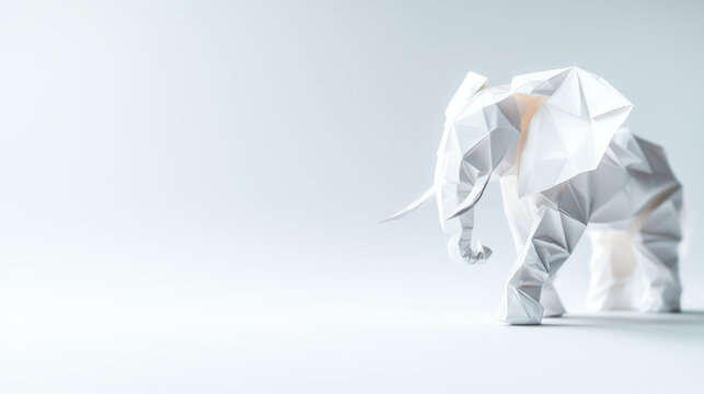 Stylized origami elephant sculpture on a minimalist background.