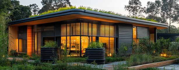 Fototapeta premium Green Architecture eco building, Modern Eco Architecture with Green Roof Design