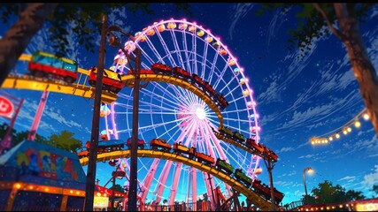 Vibrant Anime Amusement Park Scene with Ferris Wheel