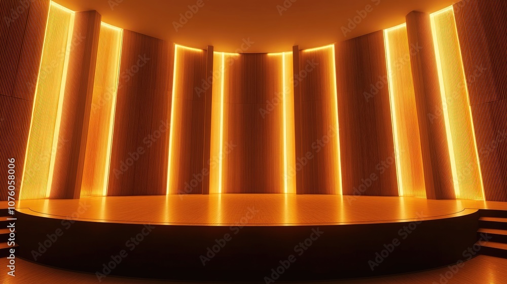 Poster modern stage design with illuminated vertical lines creating a warm atmosphere for performances and 