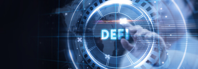 DeFi -Decentralized Finance on dark blue abstract polygonal background. Concept of blockchain, decentralized financial system.