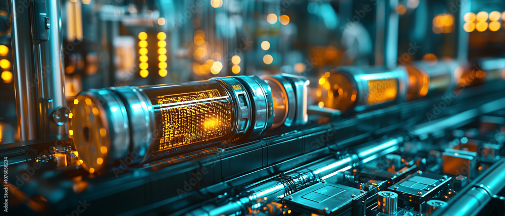 Aufkleber futuristic assembly line with glowing batteries showcases advanced technology and energy efficiency.