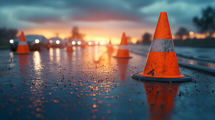 Traffic cones on wet road at sunset, highway safety concept