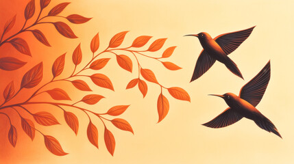 Fototapeta premium Two birds flying amidst vibrant autumn leaves in warm colors.