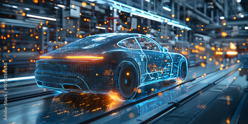 Poster futuristic electric car in high tech factory setting, showcasing advanced technology and innovation 