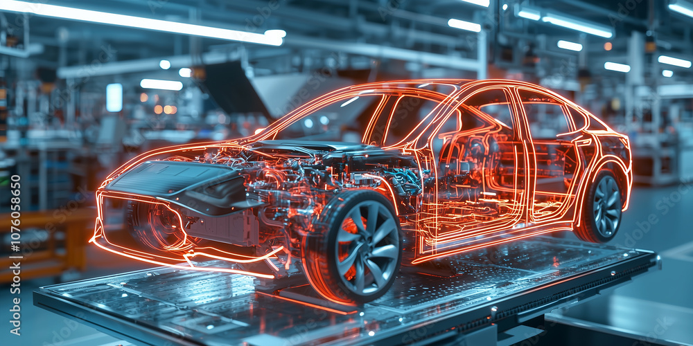 Aufkleber glowing digital outline of electric vehicle in modern factory setting highlights advanced automotive