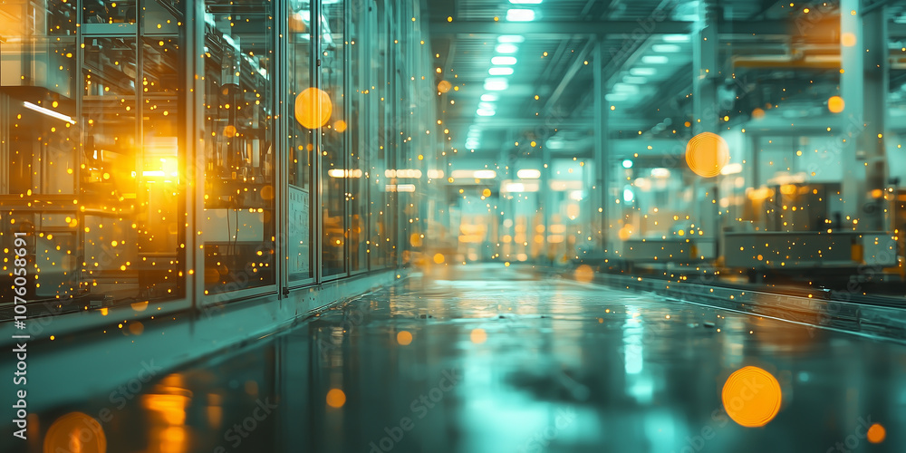 Poster futuristic factory interior with glowing lights and reflections, creating high tech atmosphere. scen