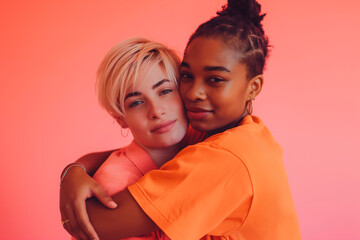 two women holding each other close up photo