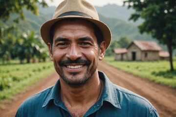 Obraz premium Close portrait of a smiling 40s Salvadoran male farmer standing and looking at the camera, outdoors Salvadoran rural blurred background