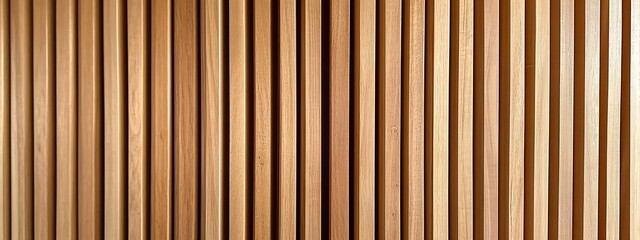 Obraz premium Wooden wall background with vertical slats, texture of natural wood paneling for interior design or backdrop. Wooden paneling wall. 