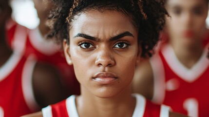 Naklejka premium Intense Close-Up Shot of a Young Female Basketball Player with Determined Expression, Capturing the Spirit of Competition and Athleticism in Team Sports