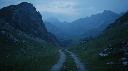 Obraz premium A serene mountain path under a twilight sky, evoking tranquility and exploration.