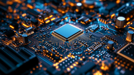 Obraz premium A factory integrating various tech manufacturing processes, such as microchips, sensors, and wearables, highlighting the interconnected nature of production,