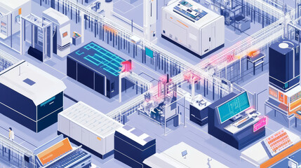 Fototapeta premium A factory integrating various tech manufacturing processes, such as microchips, sensors, and wearables, highlighting the interconnected nature of production,