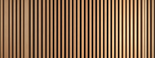 Obraz premium Wooden wall background with vertical slats, texture of natural wood paneling for interior design or backdrop. Wooden paneling wall. 