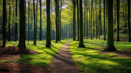 A serene forest path lined with tall trees and vibrant greenery under soft morning light.