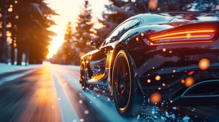 A black car is speeding down a snowy road with the sun setting in the background. Motion and speed concept.