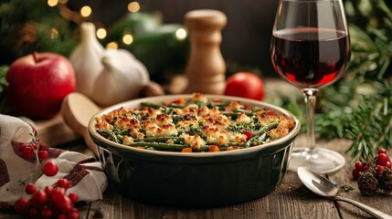A Warm and Inviting Holiday Meal with Green Beans, Apples, and a Glass of Wine on a Rustic Wooden Table Surrounded by Festive Decorations
