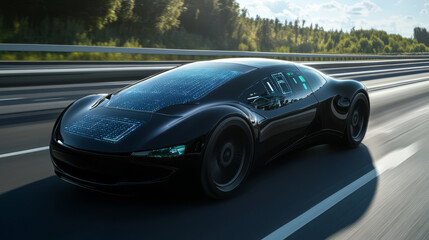 Obraz premium A futuristic solar-powered car cruising on an open highway, with dashboard indicators showing real-time energy efficiency and range