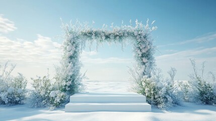 Snowy Winter Wedding Arch with Steps and Lush Floral Decorations