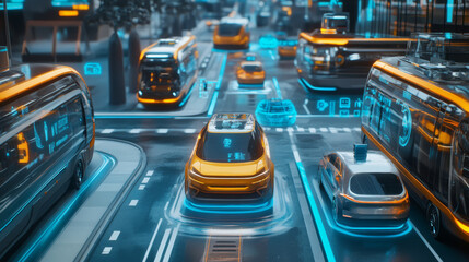 A futuristic urban landscape with multiple autonomous vehicles, including taxis and buses, interacting seamlessly through V2X communication