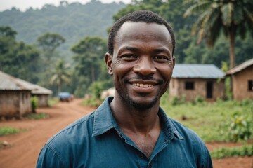 Close portrait of a smiling 40s Sierra Leonean male farmer standing and looking at the camera, outdoors Sierra Leonean rural blurred background