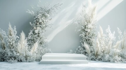 Fototapeta premium Minimalist White Platform Surrounded by Snowy Branches and Flowers