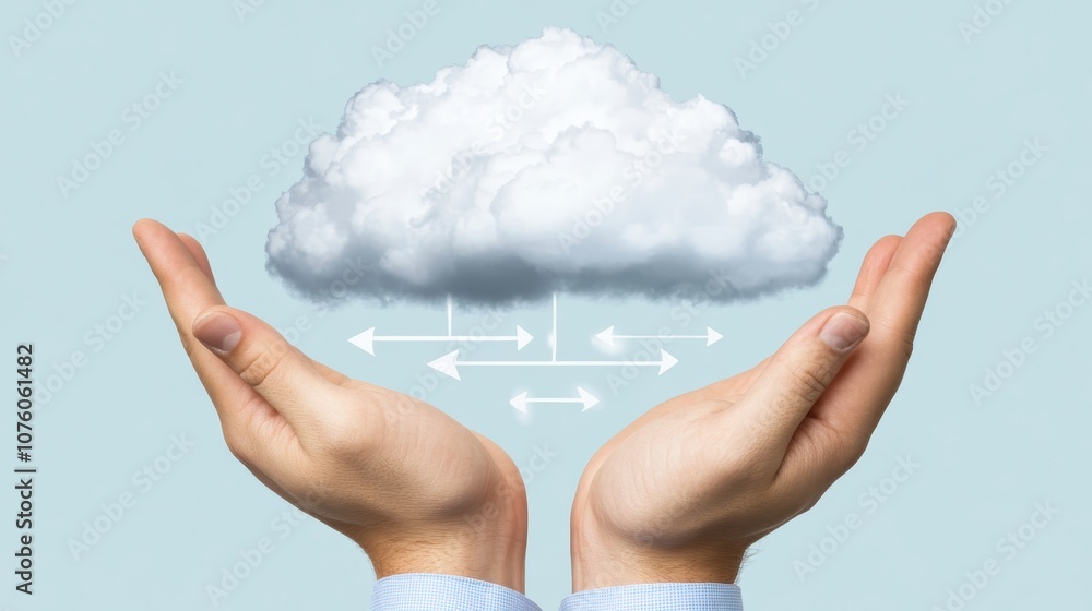 Poster cloud computing innovation, person uploads data to the cloud, symbolizing digital transformation and