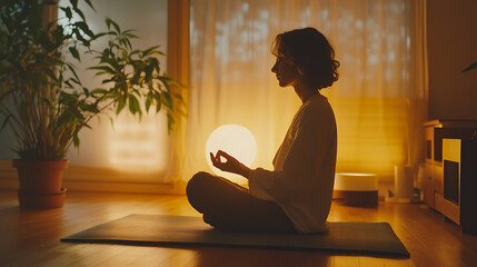 A relaxed person meditating on a mat in a peaceful home setting, with soft lighting and a plant nearby, promoting the benefits of mindfulness and stress reduction for overall health 