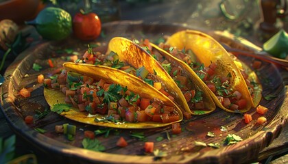Three golden tacos on a wooden plate with cilantro, tomato, and lime.