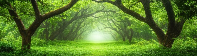 Fototapeta premium Lush green forest pathway surrounded by trees, creating a serene and tranquil atmosphere.