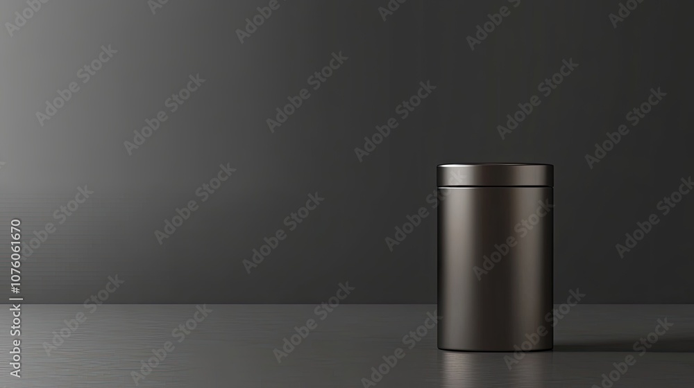 Poster modern minimalist black container on a sleek surface with subtle reflections and a dark grey backgro
